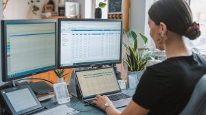 woman sitting in front of mutiple screens looking at some data