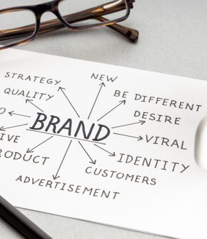 Brand building process concept. Paper sheet with quality ideas o