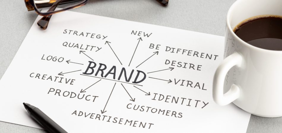 Brand building process concept. Paper sheet with quality ideas o