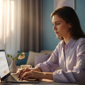 A photo-realistic image of a woman sitting at a desk using her laptop, visibly frustrated while writing a negative review about a medspa company. She’s indoors in a cozy, modern home setting with soft natural lighting. Her expression shows dissatisfaction and disapproval. The laptop screen displays a blurred review website interface to imply she’s leaving feedback. The scene feels realistic and candid, as if captured during the moment of frustration.