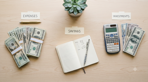 A desk with labeled sections for expenses, savings, and investments, showing cash, a notebook, a pen, a calculator, and a small potted plant.