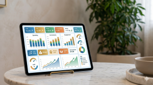 A tablet on a marble table displays various colorful digital marketing analytics charts and graphs, with a plant in the background.