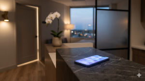 A smartphone with a lit screen sits on a marble countertop in a modern office space with a plant, lamp, and window in the background.