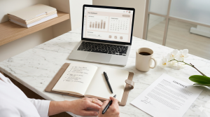 Person writing in a notebook at a marble desk with a laptop displaying graphs, a contract, a cup of coffee, a pair of glasses, and an orchid plant nearby.