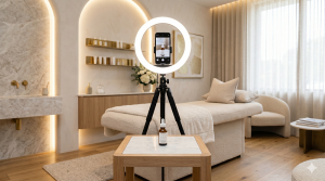 A smartphone on a tripod with a ring light records a bottle on a table in a modern, well-lit spa treatment room with a massage bed and minimalist decor.