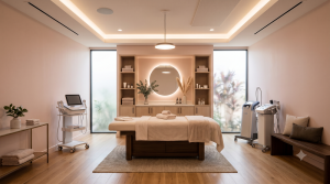 A modern spa treatment room with a massage table, medical equipment, shelves, and a circular mirror, softly lit with natural light from large windows.