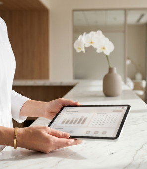 Person in a white coat holding a tablet with charts and a calendar, standing at a marble reception desk with a vase of white flowers.