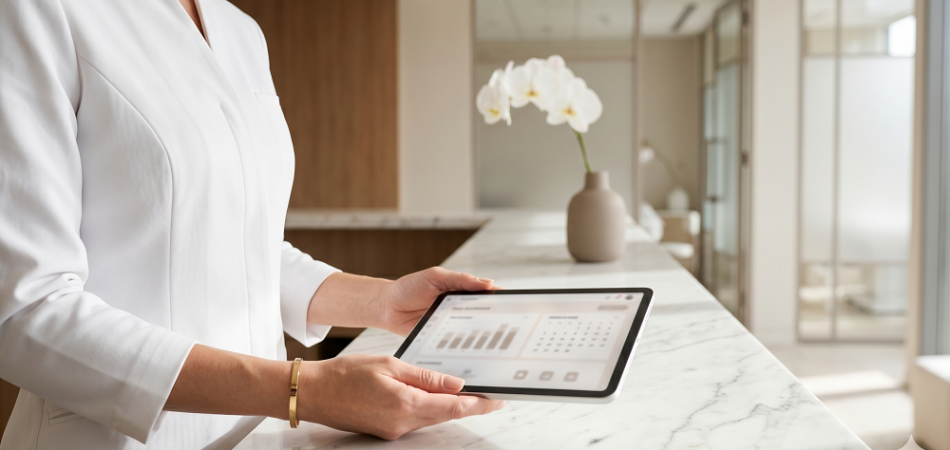 Person in a white coat holding a tablet with charts and a calendar, standing at a marble reception desk with a vase of white flowers.