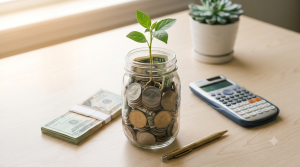 A glass jar filled with coins and a sprouting plant, next to a stack of cash, a pen, a calculator, and a potted succulent on a wooden desk.