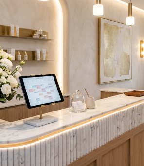 Reception area with a marble counter, a touchscreen monitor, floral arrangement, shelves with products, an armchair, and a large window with sheer curtains.