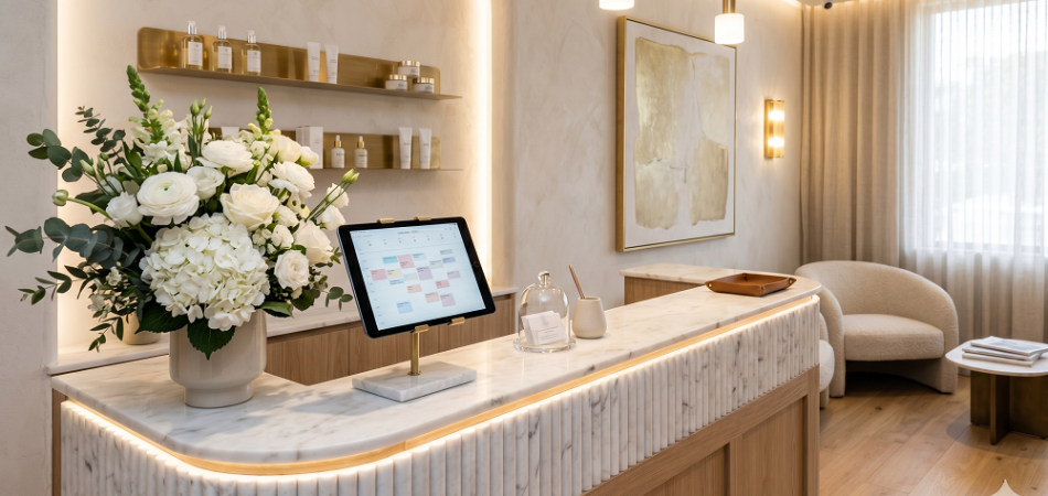 Reception area with a marble counter, a touchscreen monitor, floral arrangement, shelves with products, an armchair, and a large window with sheer curtains.
