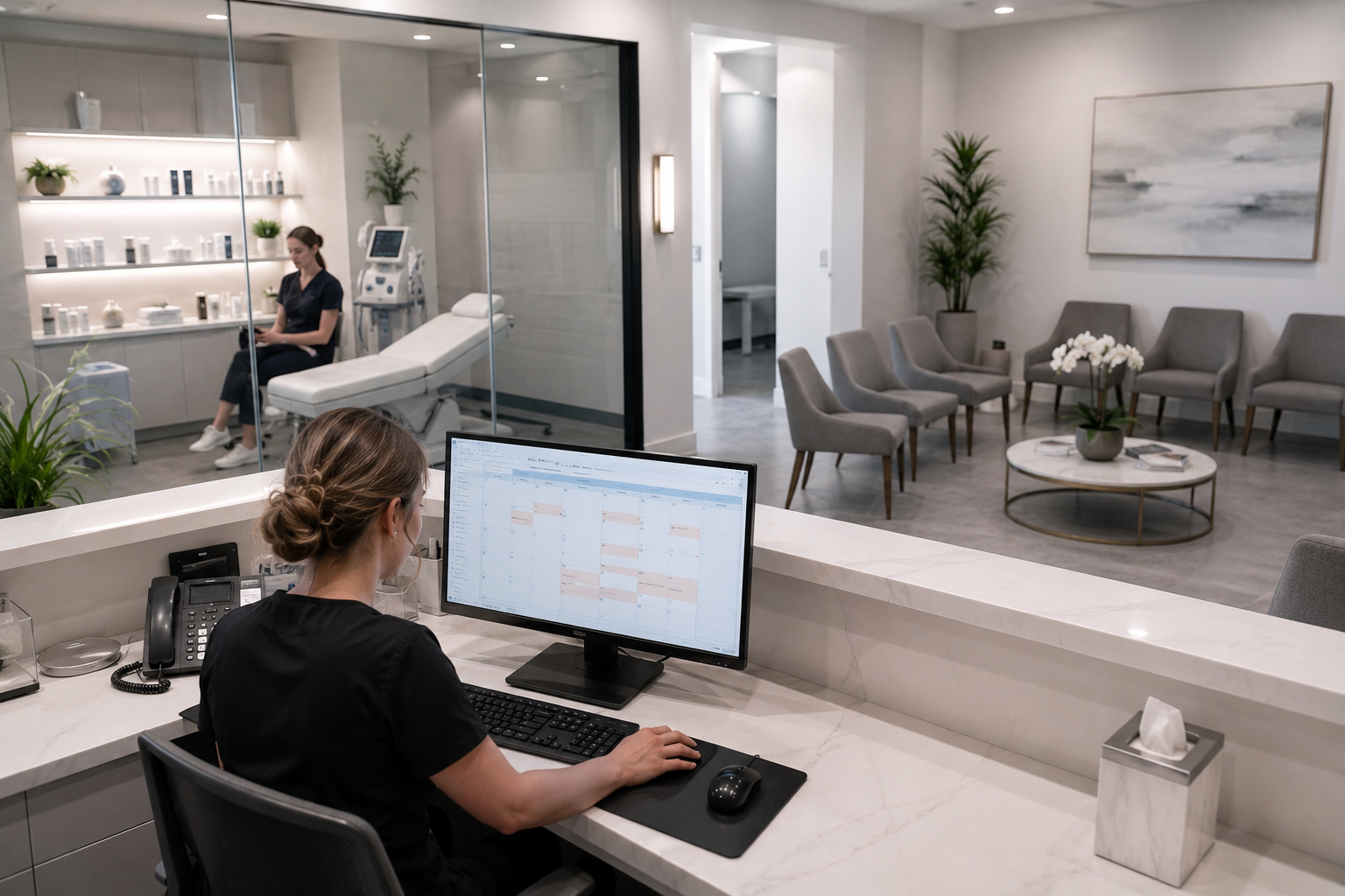 Med spa front desk staff reviewing a sparse appointment calendar with idle provider in background