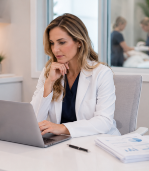 Med spa owner reviewing operational reports and practice management data at office desk