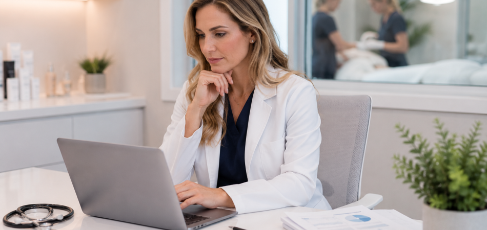 Med spa owner reviewing operational reports and practice management data at office desk