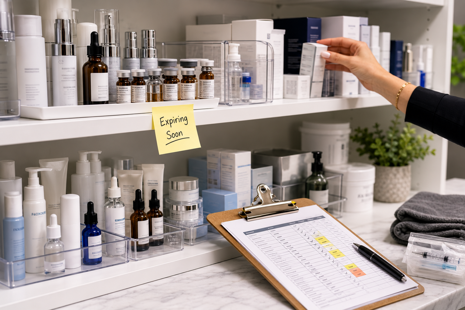 Organized med spa supply storage room with inventory checklist and product shelves